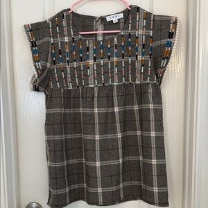 THML Gray Plaid Blouse with Colorful Accents